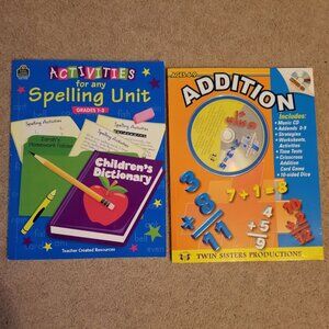 Lot of 2 Educational Student Workbooks, Addition Math, Spelling, Grades 1-3